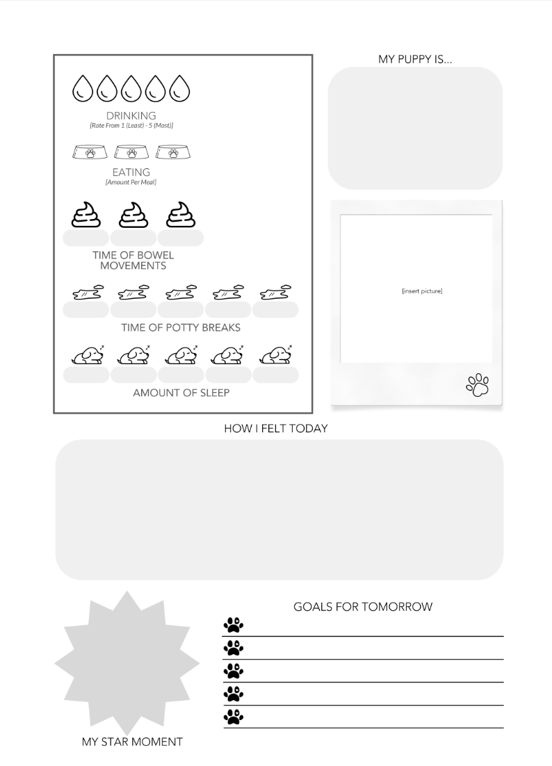 Puppy tracking sheet with various sections for recording a puppy's activities and progress.