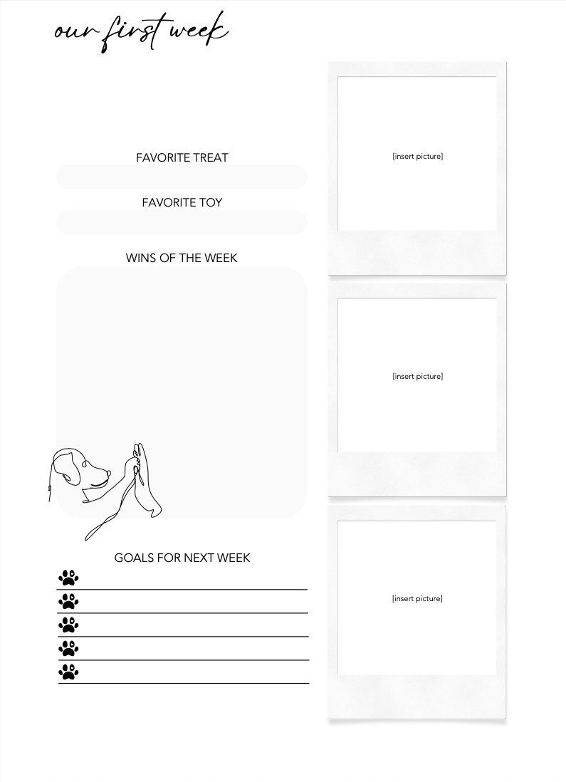 Blank form for recording a pet's first week of life with various sections to fill in.